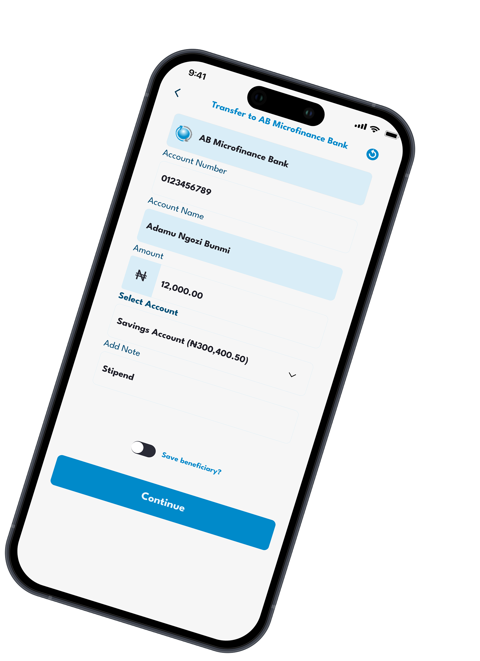 Banking app transfer interface